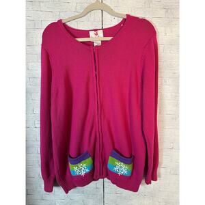 Quacker factory womenโs cardigan zip up front snowflake pocket pink holiday